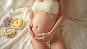 cuidado-de-la-piel-durante-el-embarazo-para-prevenir-estrias-con-aceites-nutritivos-y-cremas-con-vit